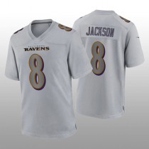 B.Ravens #8 Lamar Jackson Gray Atmosphere Game Jersey Stitched American Football Jerseys