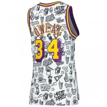 LA.Lakers #34 Shaquille O'Neal Mitchell & Ness Women's 1996 Doodle Swingman Jersey White Stitched American Basketball Jersey