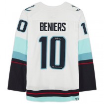 S.Kraken #10 Matt Beniers Fanatics Authentic Autographed with Debut 4-12-22 Inscription and Inaugural Season Jersey Patch White Hockey Jerseys