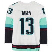 S.Kraken #13 Brandon Tanev Fanatics Authentic Autographed with Release The Kraken Inscription and Inaugural Season Jersey Patch White Stitched American Hockey Jerseys
