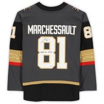 V.Golden Knights #81 Jonathan Marchessault Fanatics Authentic Autographed Breakaway Jersey with Defend the Fortress! Inscription Limited Edition of 17 Gray Hockey Jerseys
