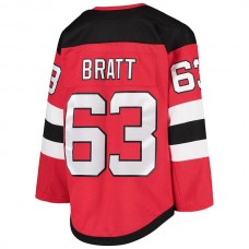 NJ.Devils #63 Jesper Bratt Home Premier Player Jersey Red Stitched American Hockey Jerseys
